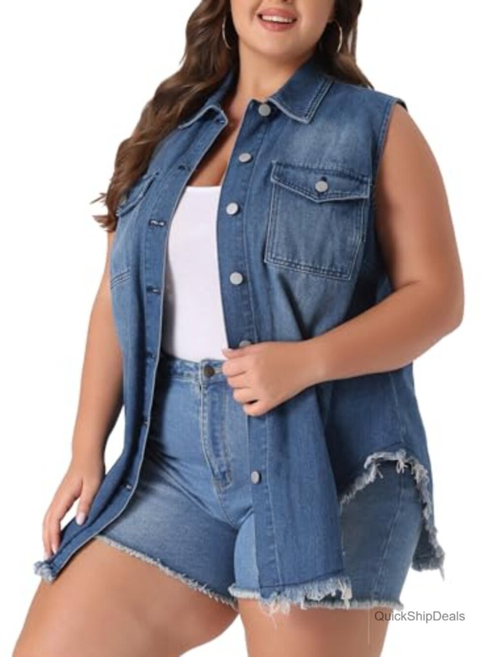 Women's Plus Size Sleeveless Denim Jean Vest Button Up Frayed Hem Shacket 1X 2X